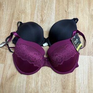MAIDENFORM PUSH UP BRAS 2 PACK BLACK PURPLE LACE SIZE 38D WIRED ADJUSTABLE NEW